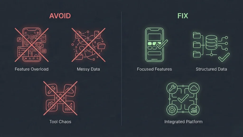 Dark mode illustration comparing chaotic pitfalls against clean solutions, labeled Avoid and Fix.