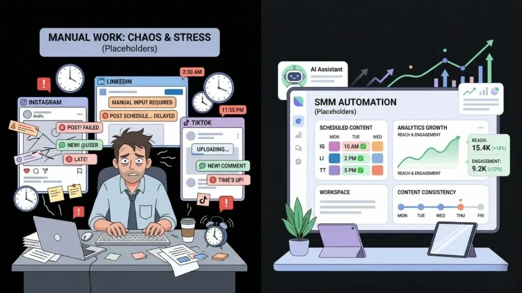 comparison of stressful manual social media management versus efficient ai
