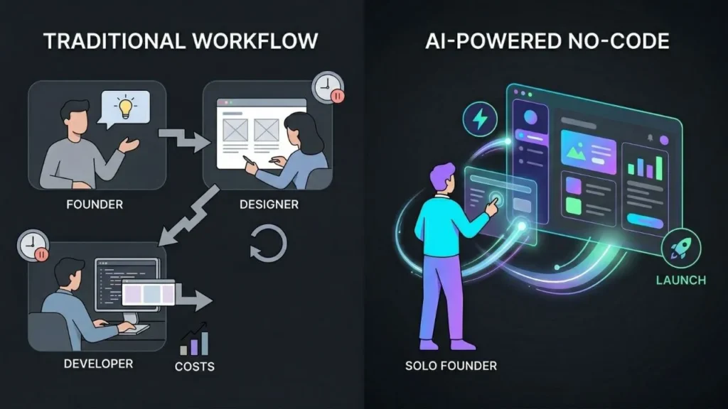 comparison of traditional development workflows versus solo founders using ai