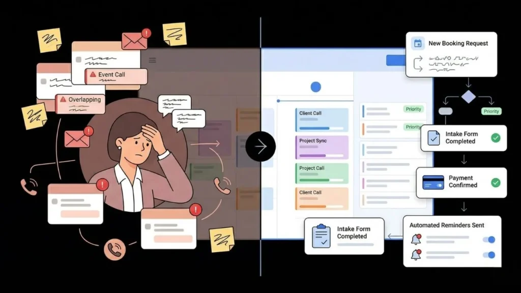 comparison showing manual scheduling chaos vs organized automated workflow management