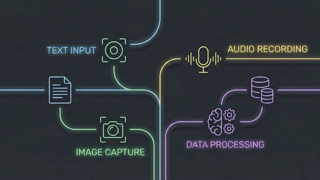 Minimal dark mode illustration of AI modules connected by glowing neon flow lines.