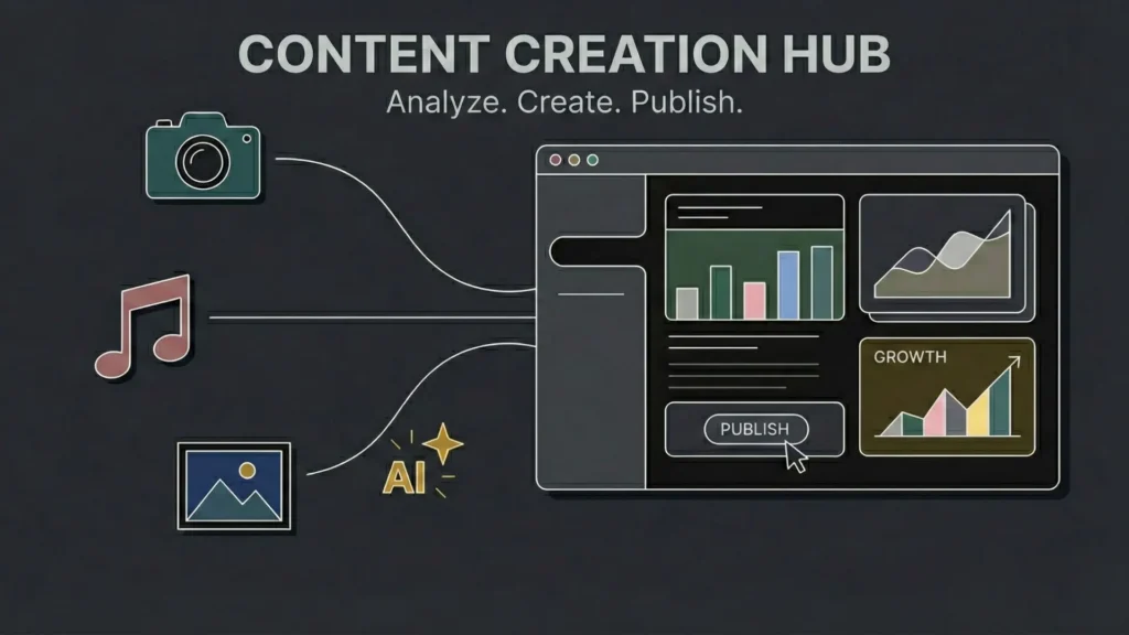Creator economy dashboard with analytics and publish button.