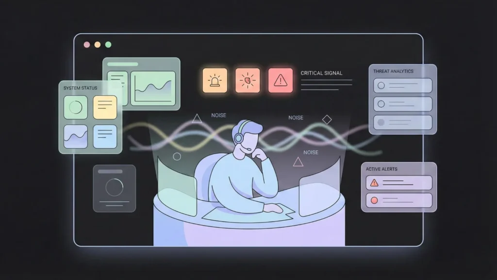 Cybersecurity analyst vector: overwhelmed by noise and alerts on a dark-mode dashboard.