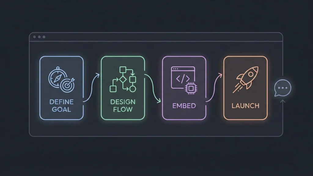 Neon illustration showing a four-step process flow: Define Goal, Design Flow, Embed, Launch.