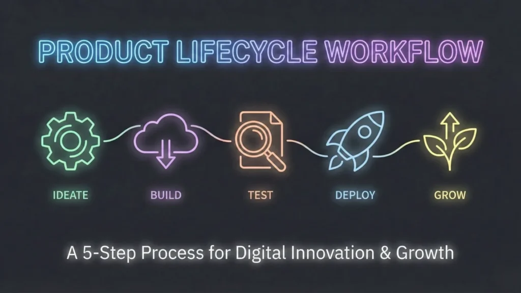 Dark mode horizontal workflow chart with five neon line-art icons representing product lifecycle stages.