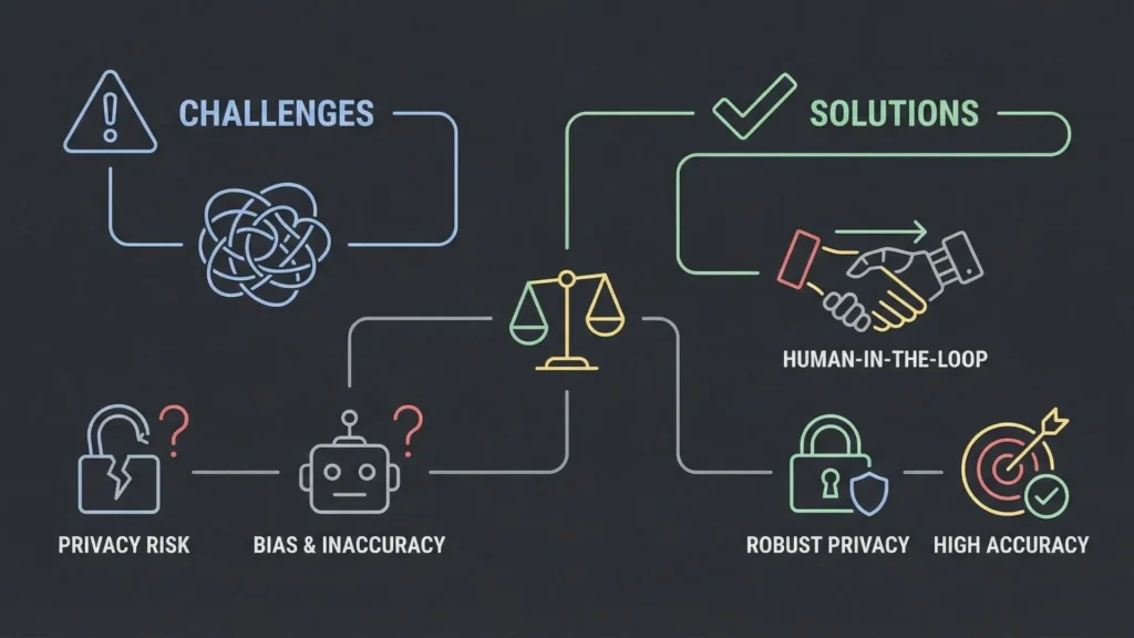 Neon infographic illustrating AI challenges and solutions on a dark background.