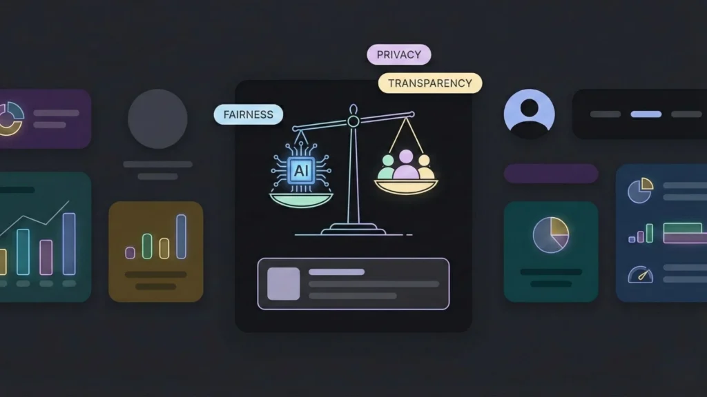 Dark mode infographic: glowing scale balances AI, Fairness, Privacy, Transparency with neon charts.