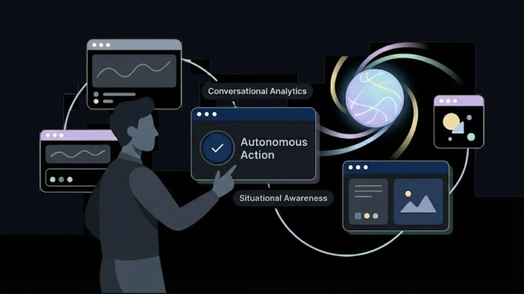 Dark mode UX illustration of user interacting with autonomous AI analytics dashboard.