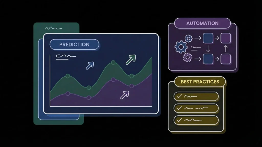 Dark mode AI dashboard illustration featuring predictive graphs, automation workflows, and checklists.