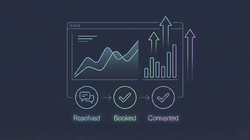 Dark mode line art illustration showing analytics, growth charts, arrows, and conversion.