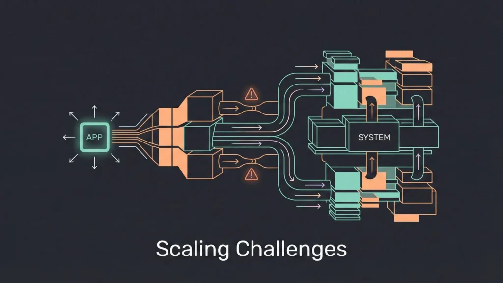 Dark mode diagram showing app scaling pipelines and bottleneck warnings.