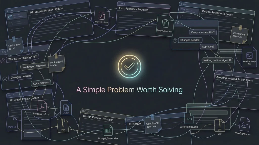 Glowing approval button centering a cluttered dark mode digital interface.