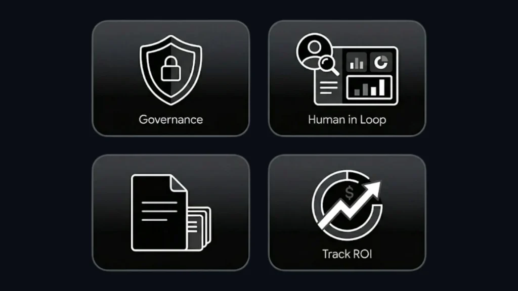 Dark mode icons for Governance, Human in Loop, and Track ROI.