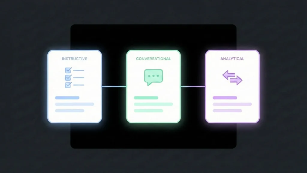 Dark mode infographic showing three glowing, connected cards: Instructive, Conversational, and Analytical.