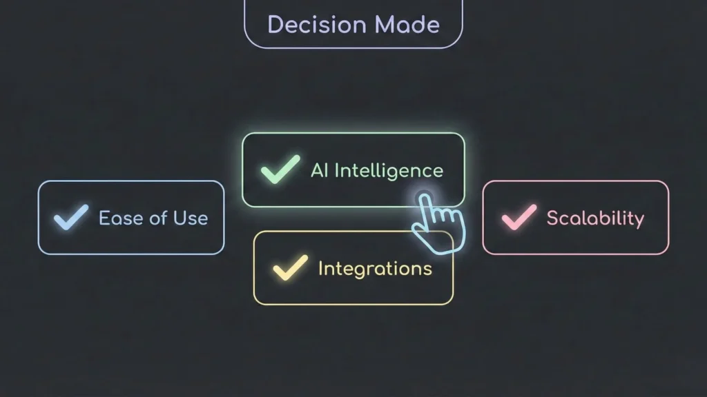 Hand cursor clicks "AI Intelligence" button on a dark mode decision-making interface.