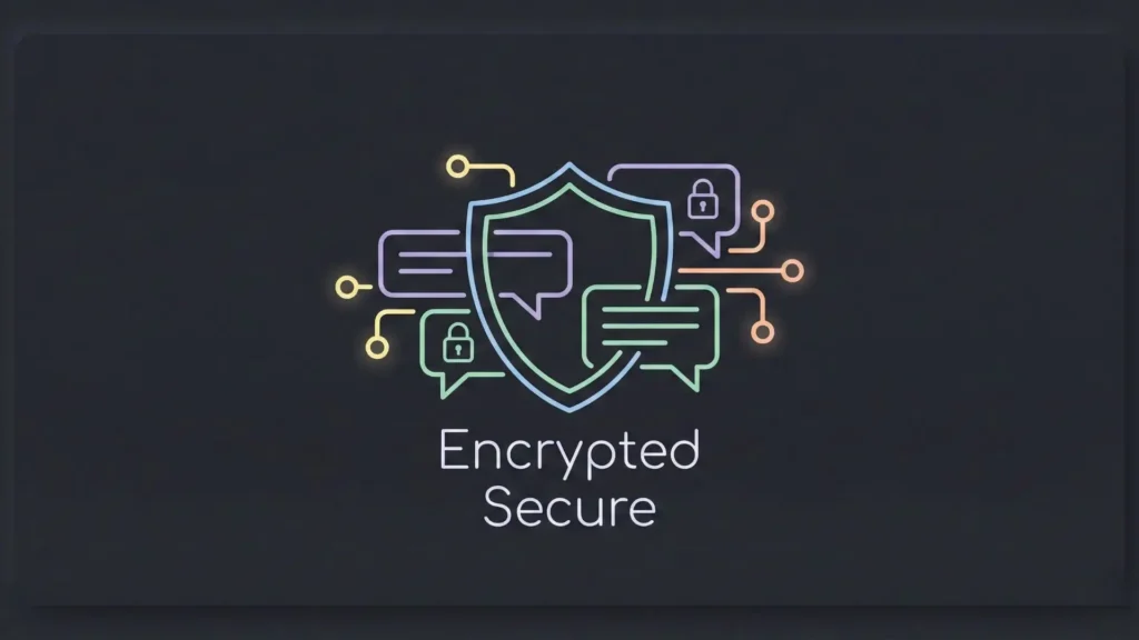 Neon line art shield and chat bubbles with locks for encrypted security.