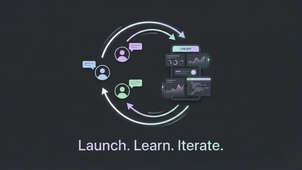 Dark mode illustration showing a user feedback loop updating an app.