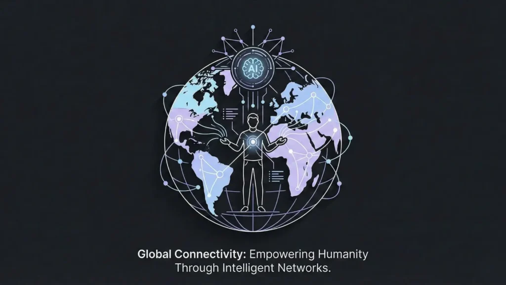 Dark mode line art of a person at the center of a global network with a glowing AI sphere.
