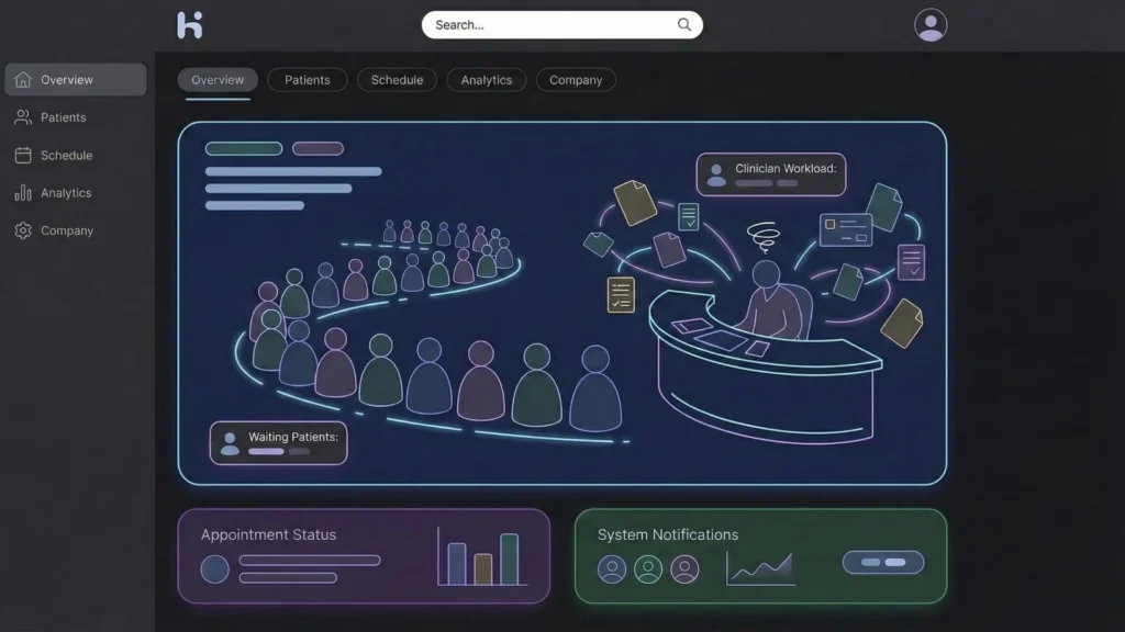 Dark mode healthcare dashboard illustration showing overworked clinician and long patient queue.