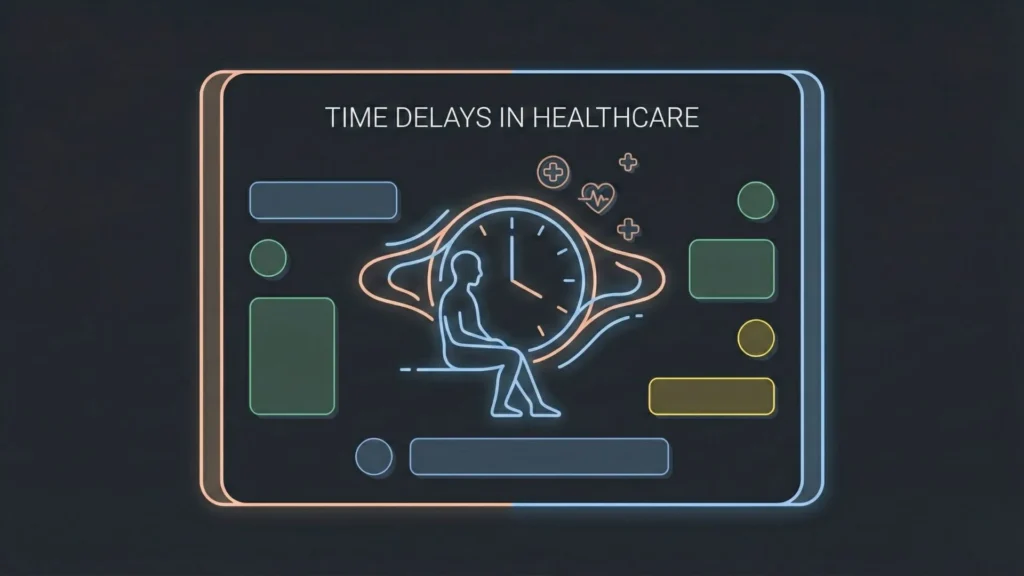 Dark mode SaaS vector showing patient waiting and clock symbolizing medical delays.