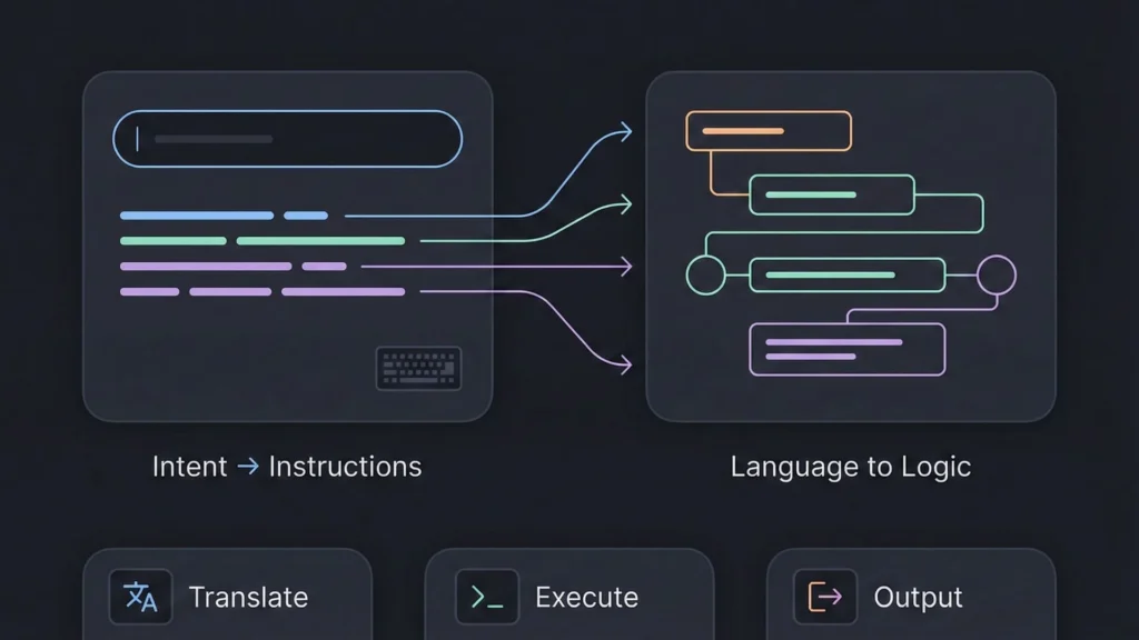 Dark mode flowchart: Intent to Instructions, then Language to Logic conversion process.