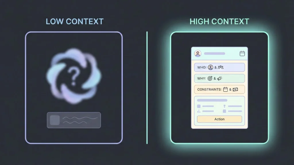 Dark mode illustration comparing blurry Low Context with clear High Context UI.