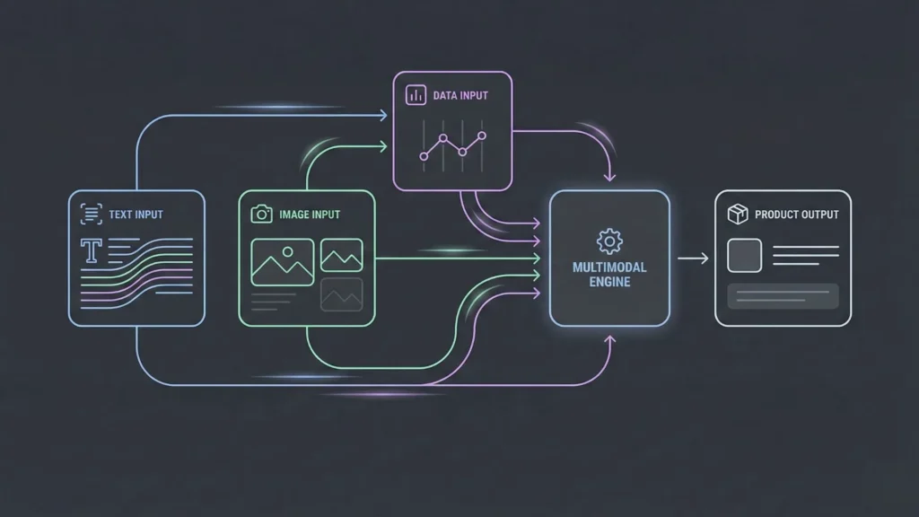Dark mode infographic showing multimodal engine transforming text, image, data into product.