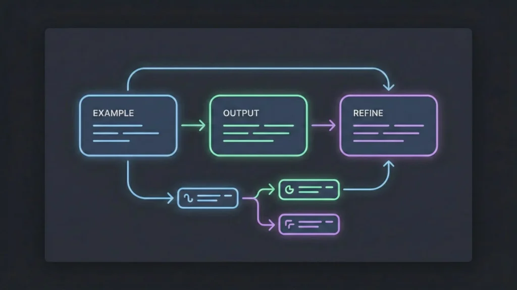Dark mode neon flowchart showing an Example, Output, and Refine process loop.