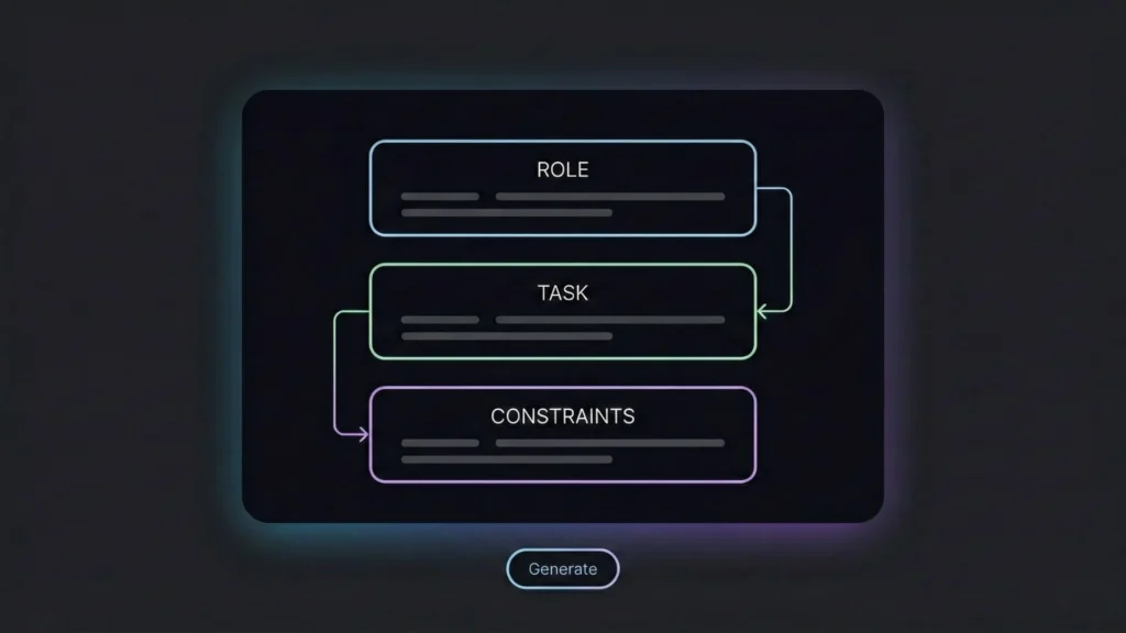Dark mode UI diagram illustrating a flow: Role, Task, Constraints, then Generate.