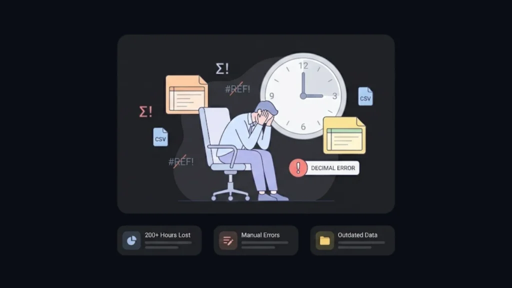 Tired professional facing spreadsheet errors in a dark mode SaaS illustration.