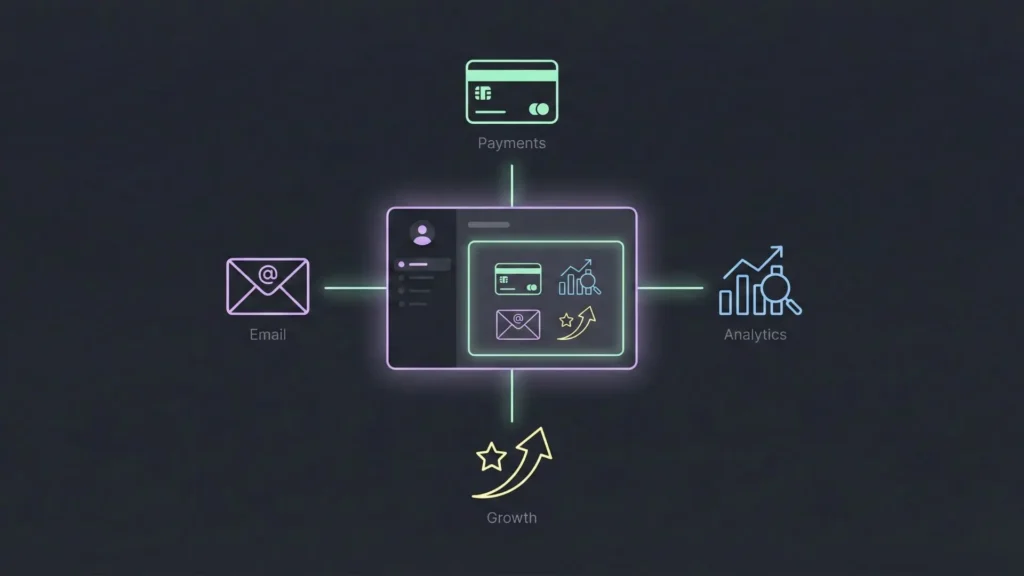 Dark mode minimal illustration of a central app connected to Payments, Email, Analytics, and Growth icons.