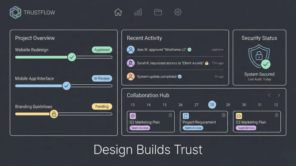 Dark mode SaaS dashboard with secure icons and clean, trustworthy UI.