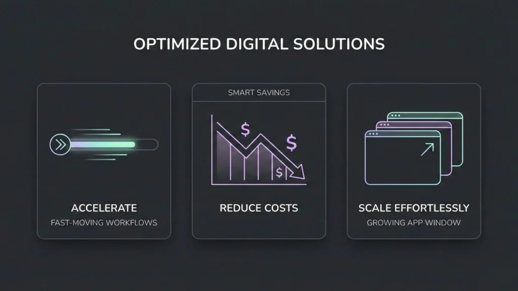 Minimal dark mode vector art illustrating speed, cost savings, and scalability with soft pastel lines.