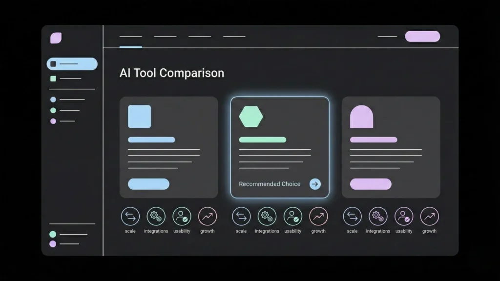 Dark mode vector illustration of an AI tool comparison interface with highlighted recommended choice.