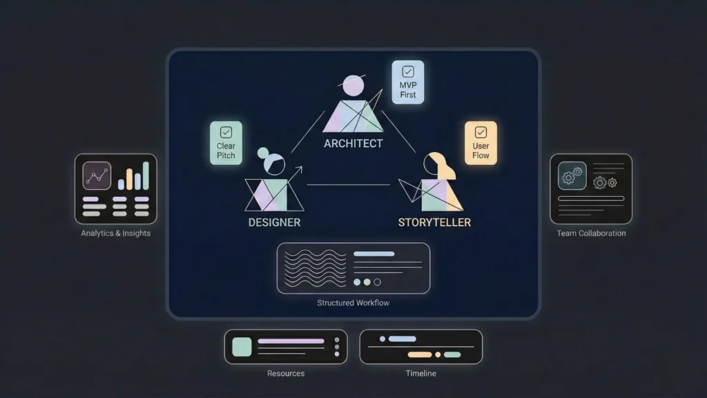 Dark-mode infographic showing Architect, Designer, and Storyteller in a structured team workflow.