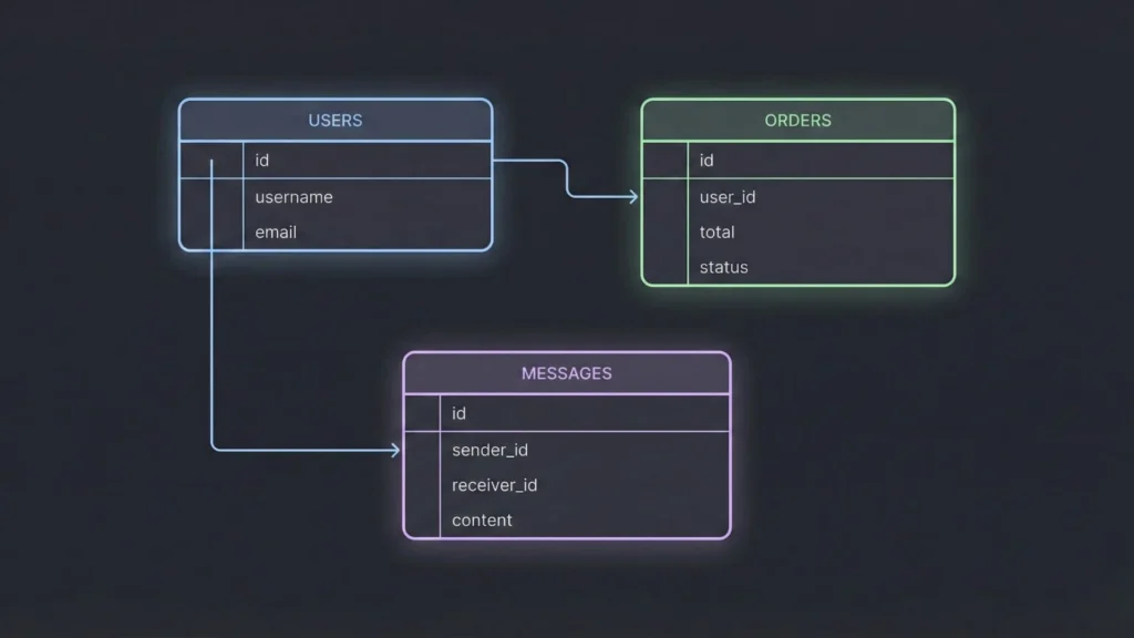 Minimal dark mode vector illustration showing connected database tables for users, orders, and messages.