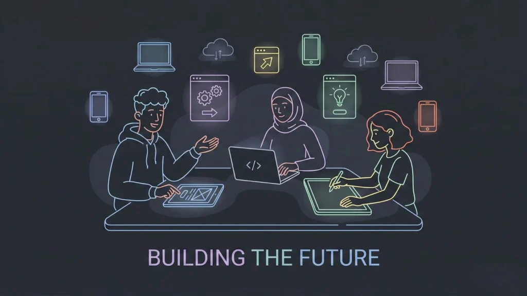 Diverse students building digital products using laptops in a minimal dark-mode line-art style.