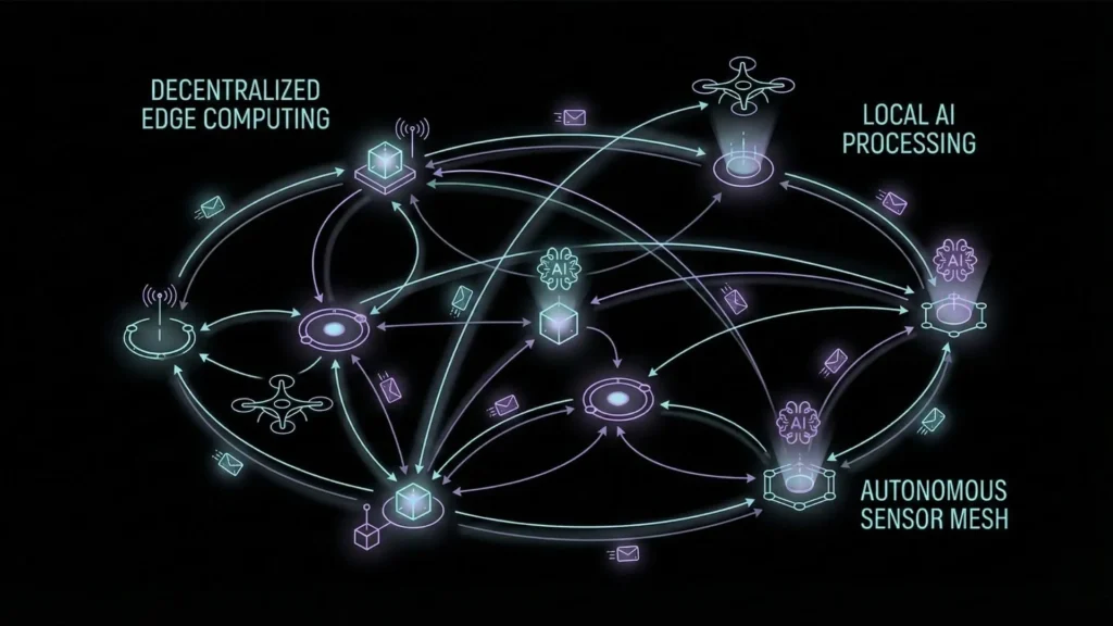 Glowing minimalist network of drones and decentralized AI nodes.