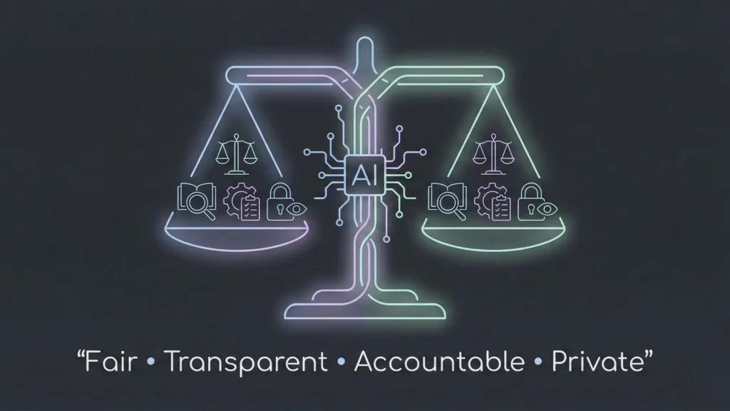 Balanced scale representing fair, transparent, accountable, and private AI.