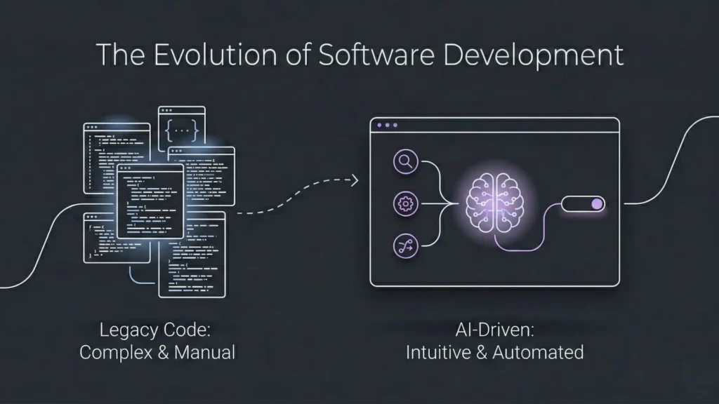 Minimal line art showing complex code blocks evolving into a simplified AI-powered user interface.