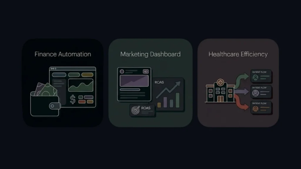 Dark mode panels for Finance Automation, Marketing Dashboard, and Healthcare Efficiency icons.