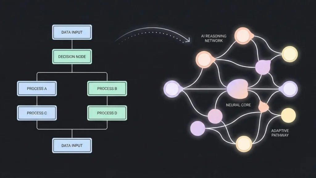 Dark-mode diagram showing a flowchart transitioning to a glowing AI neural network.