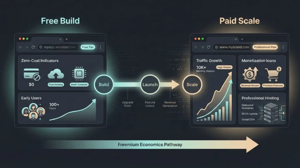 Visualization of the freemium journey from building a free MVP to scaling a paid app with monetization and professional hosting