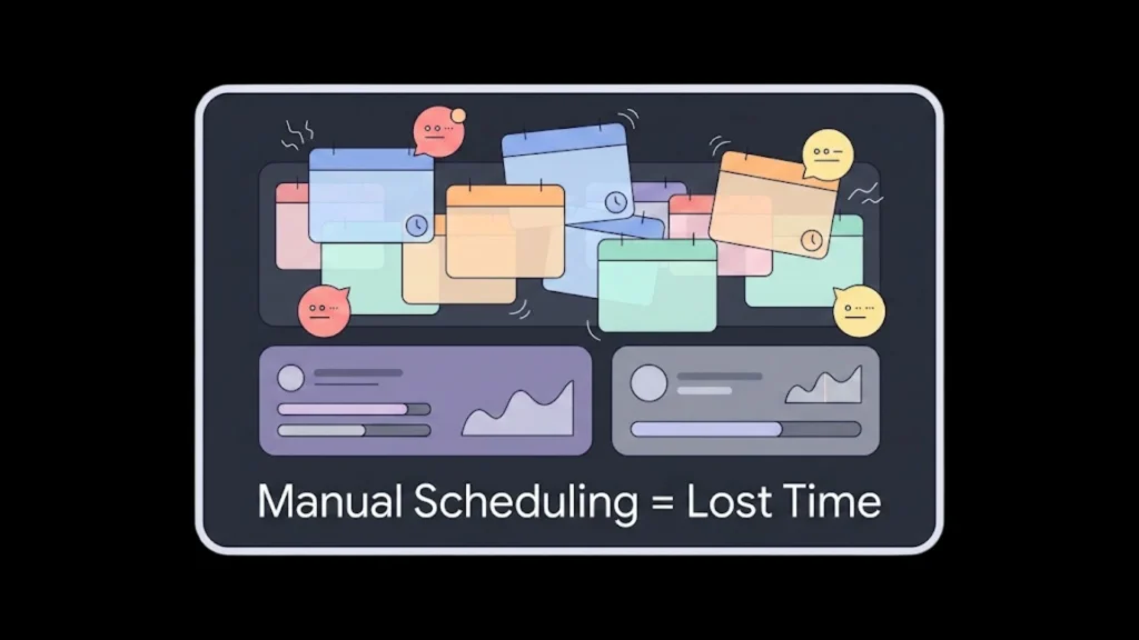 Flat dark mode dashboard illustration showing chaotic calendar blocks and scheduling text.