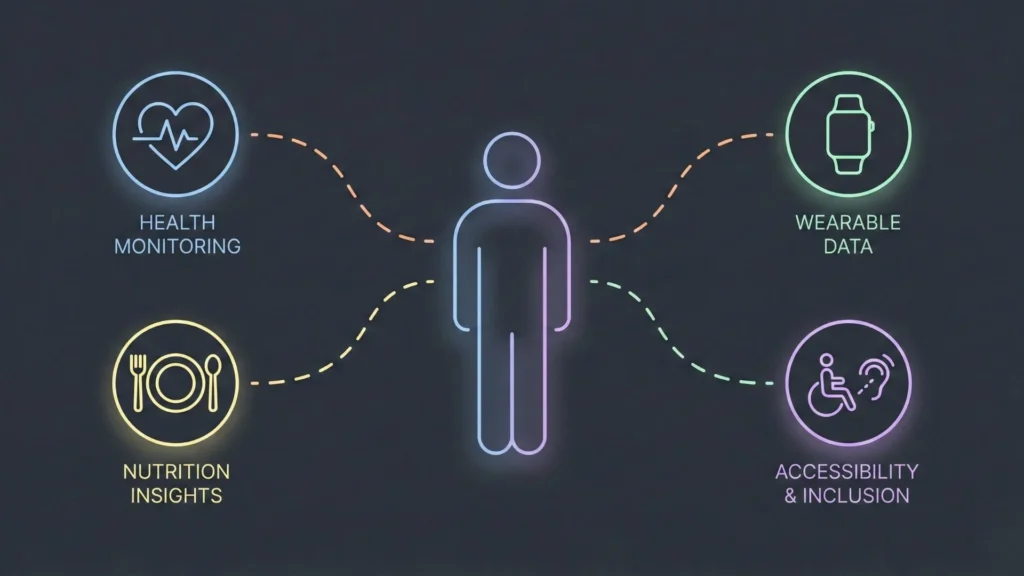 Diagram illustrating AI applications for health monitoring, wearable data, nutrition insights, and accessibility centered around a human figure.