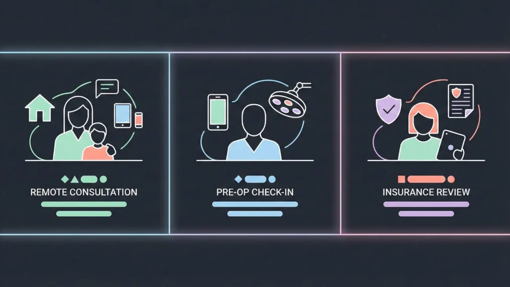 Minimal dark healthcare UX illustration showing consultation, surgery prep, and insurance review.