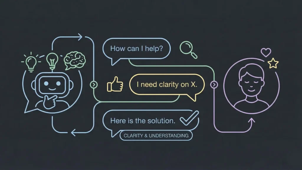 Minimal dark mode line art showing a helpful chatbot resolving a customer query with clear flow.