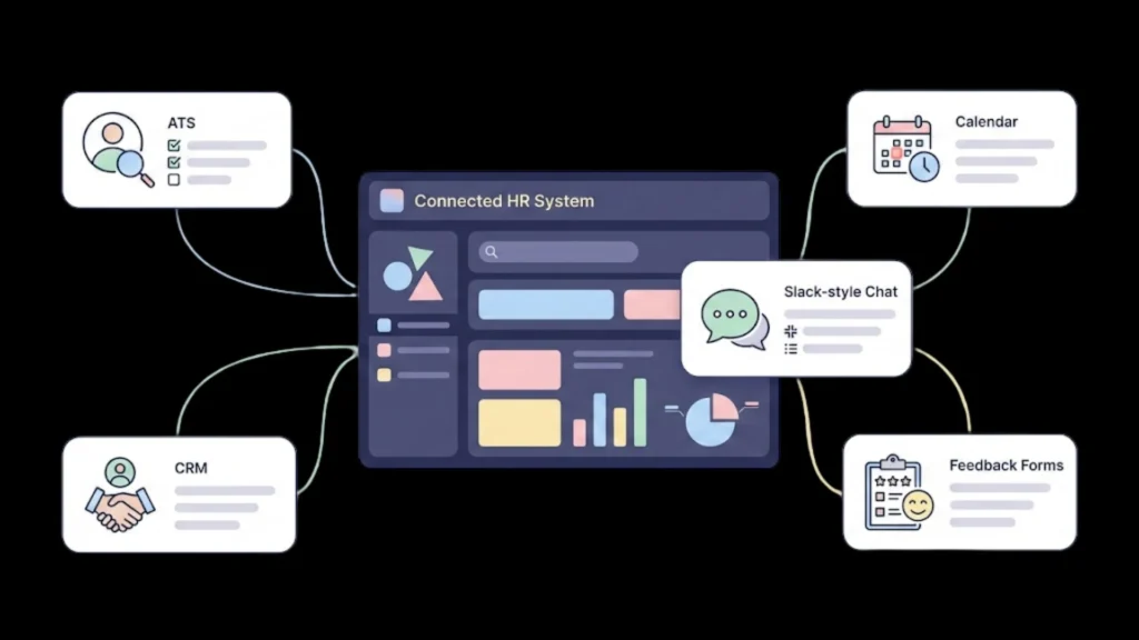 Vector SaaS interface with connected dark mode HR modules.