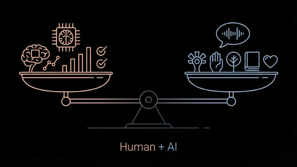 Minimalist scale balancing AI tech icons with human heart and cultural symbols.