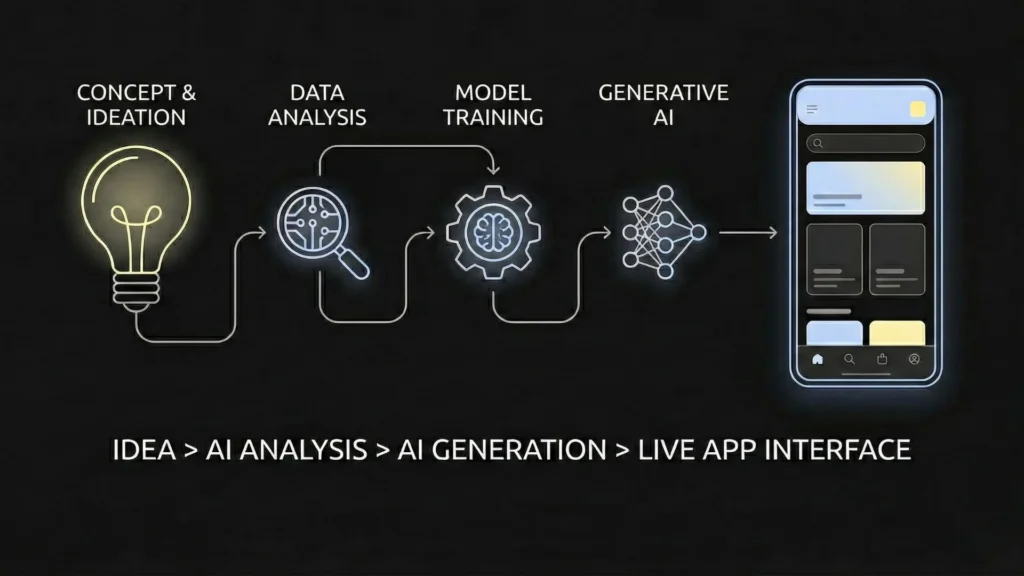 Minimal dark mode illustration showing a lightbulb transforming into a mobile app interface via AI.